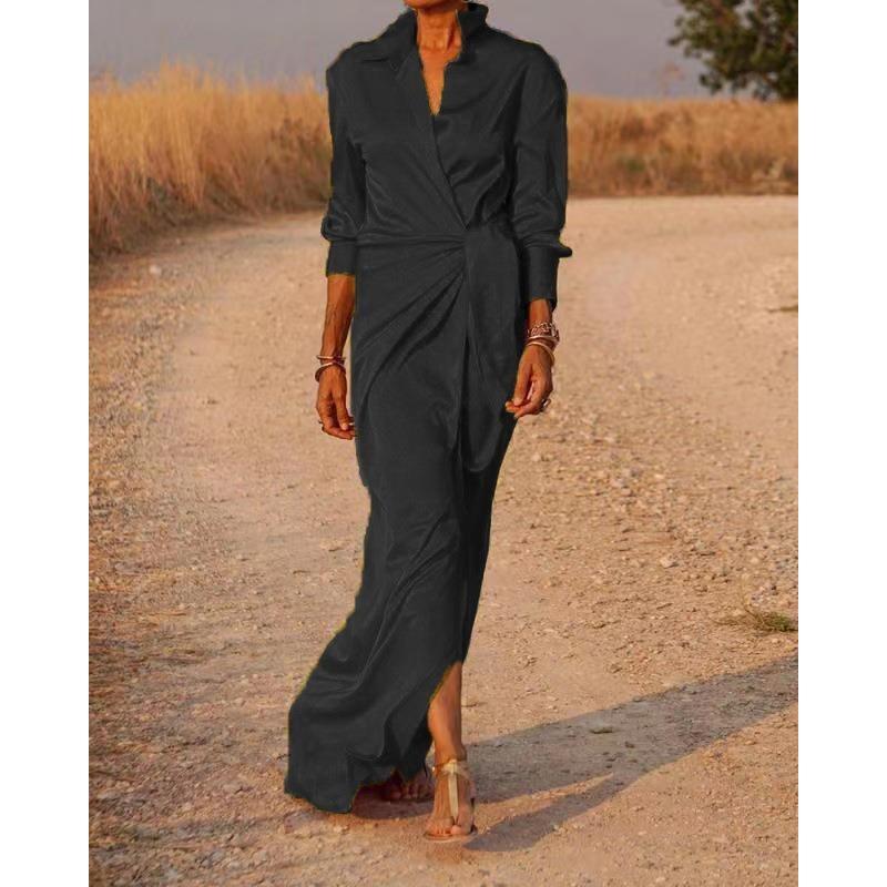 Осенние женские платья с завязками на высокой талии, разрезом, длинным рукавом и лацканами, сексуальные платья