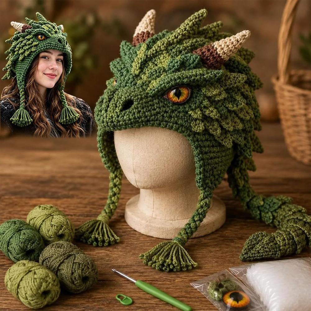 Adorable DIY Hand Crochet Hat Kit Soft Yarn Dragon Wolf Frog Hat Holiday Present