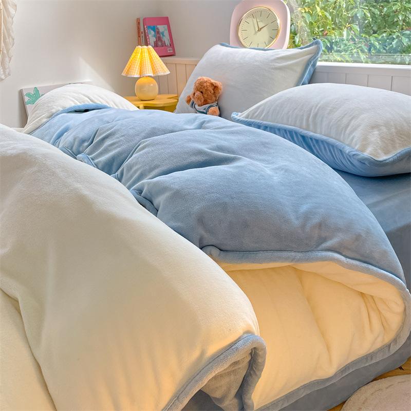 Thickened Milk Fleece Four-Piece Set, Solid Color Coral Fleece Bed Sheet Quilt Cover, Fleece Bedding Three-Piece Set