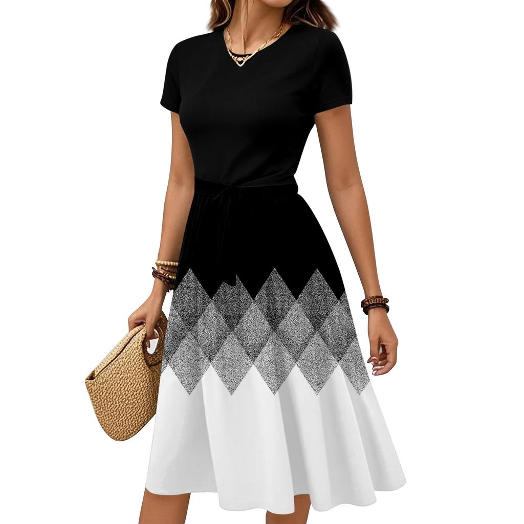 Women's Casual Fashion Belted Floral Print Short Sleeve Round Neck Elegant Dress