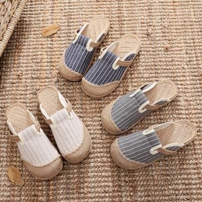 Вертикальная полосатая домашняя обувь из хлопка и льна с вышивкой, женские, нескользящие тапочки из термопластичной резины с мягкой подошвой, туфли ручной работы с большой головой