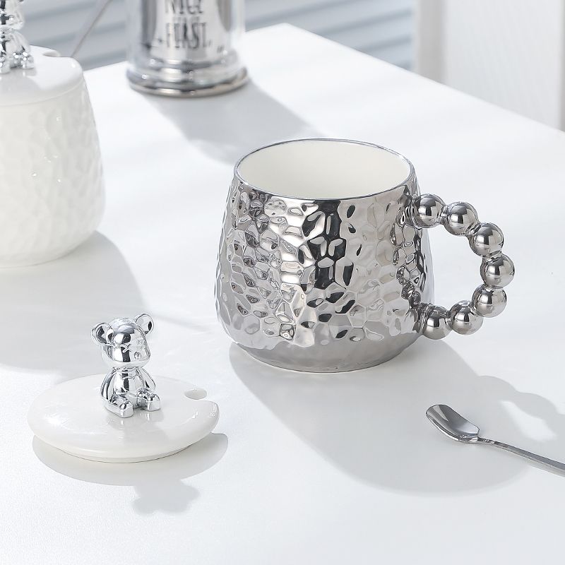 European Style Couple Ceramic Coffee Cup Galvanized Silver Bear Mug Gift Office Teacup Living Room Breakfast Mug Home Decoration