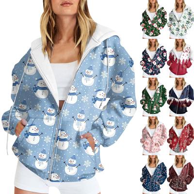 Женская длинная куртка-кардиган с рождественским принтом и карманами на молнии с капюшоном