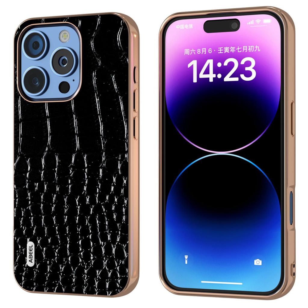 ABEEL For iPhone 16 Pro Max Case Electroplating Edge Crocodile Texture Genuine Cow Leather Back Phone Cover