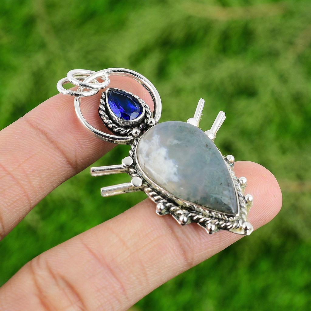 Mothers Day Deal 925 Silver Pear Solar Moss Agate Stone Tanzanite Quartz Pendant