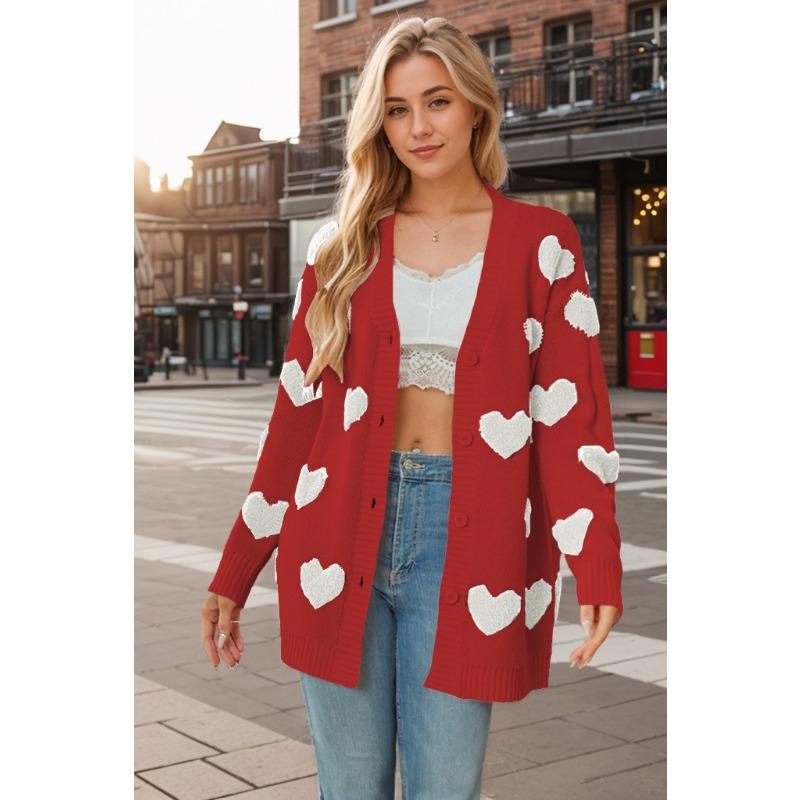 Autumn and Winter Women's Plus Size Sweater Valentine's Day Love Knitted Cardigan V-Neck Button Mid-Length Jacket