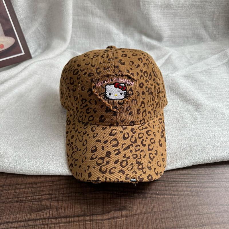 Retro cartoon kt cat embroidery leopard print baseball cap men's and women's personalized street holes show small face big head circumference hat