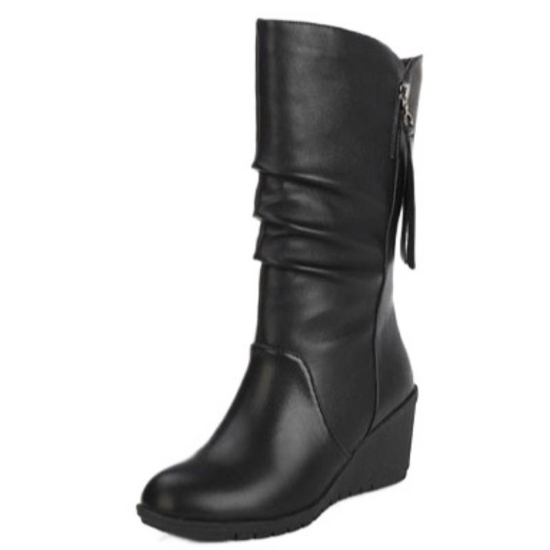 Women's Wedges Mid-calf Boots New Round Toe Zipper Heeled Boots Dor Women Wedges Shoes Outdoor Women's Thigh High Boots Botas
