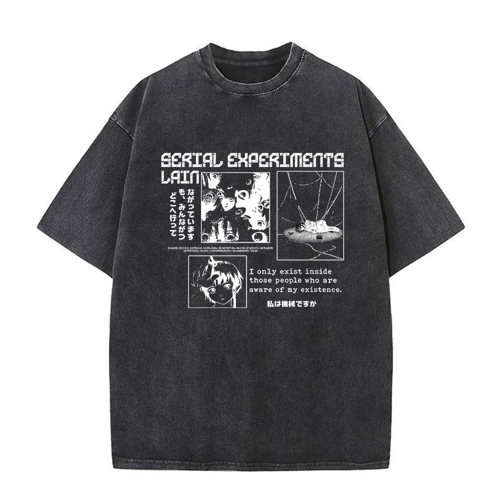 Serial Experiments Lain Anime Vintage Washed T-Shirt Manga Iwakura Girl Sci Fi Short Sleeve T-shirts 100% Cotton Casual T Shirt