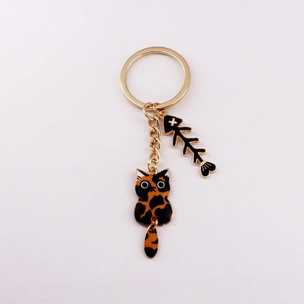 Super Cute Cartoon Cat Key Chains Gold Color Metal Kitten and Fishbone Ornament Woman's Funny Keychains