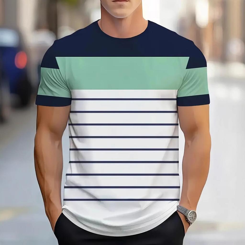 Summer Round Neck Striped Contrasting 3D Print Top Fashionable Casual Simple Short Sleeved Men's T-shirts