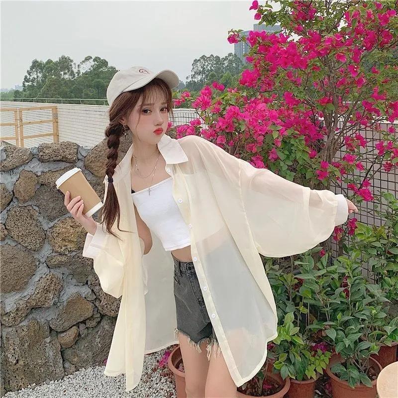 Шифоновые женские блузки с длинными рукавами, рубашки на пуговицах, тонкие солнцезащитные, с отложным воротником, мягкие универсальные женские топы, свободные в корейском стиле