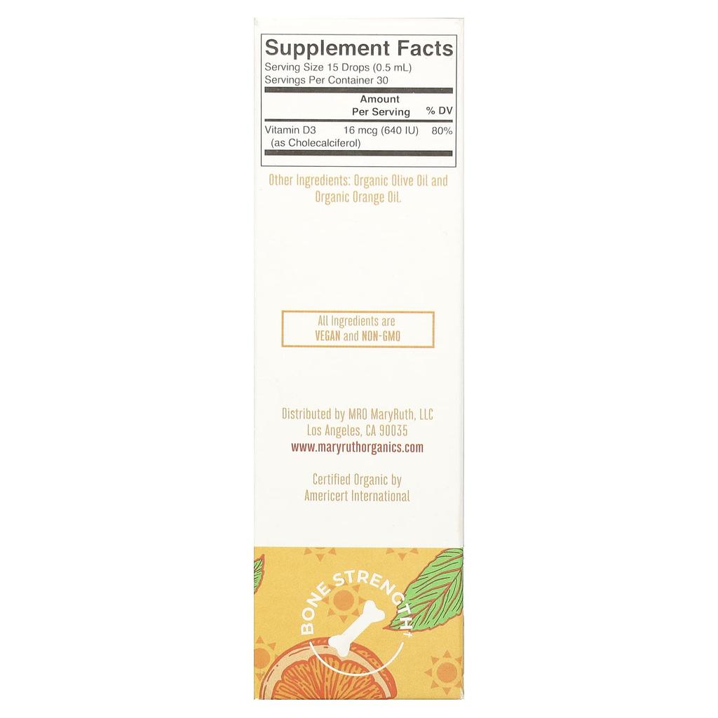 MaryRuth's, Органический детский витамин D3 в жидких каплях, для детей от 4 до 13 лет, апельсин, 640 ед., 0,5 жидких унций (15 мл)
