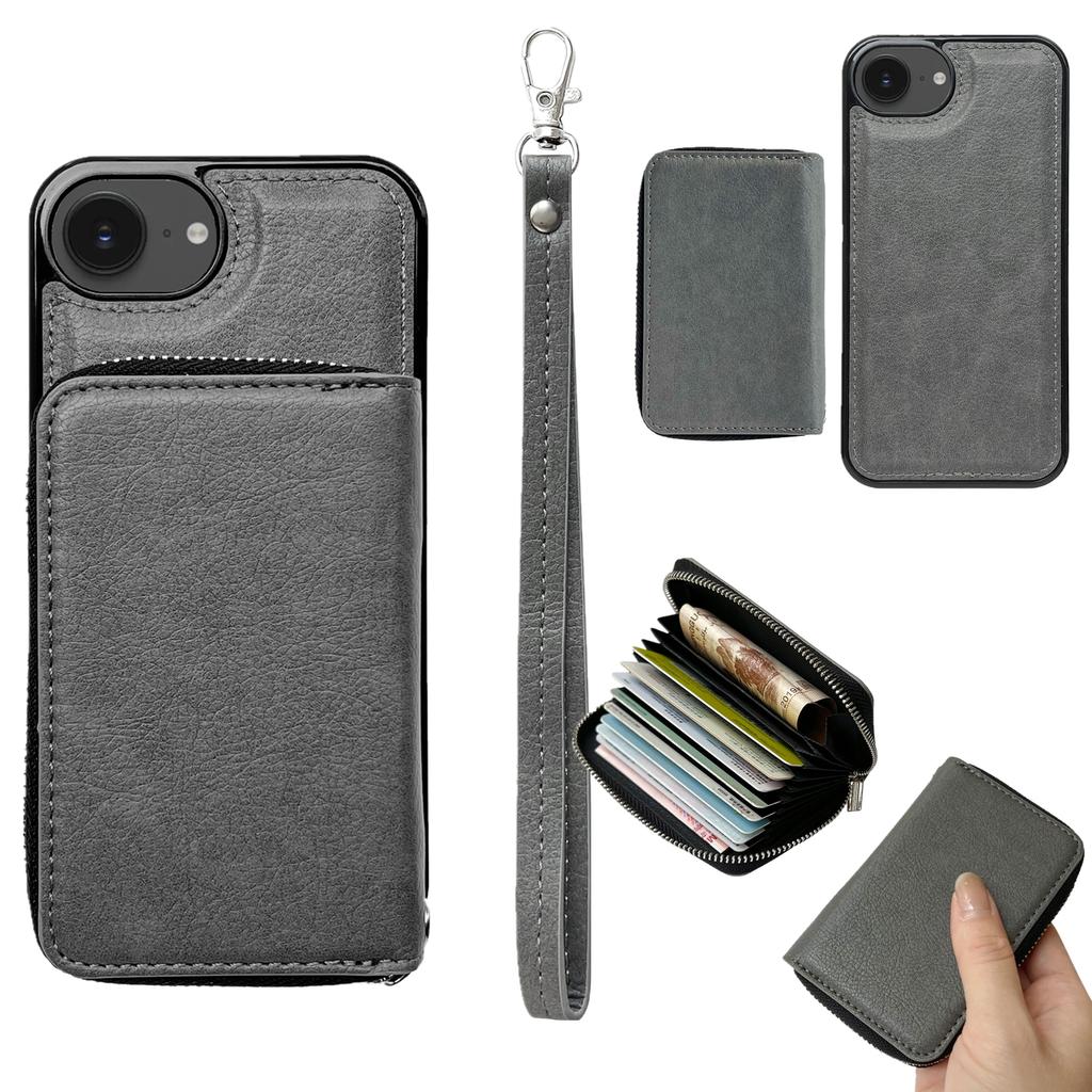 Чехол для iPhone 16e Съемный карман на молнии для карт PU TPU Подставка Чехол для телефона с ремешком