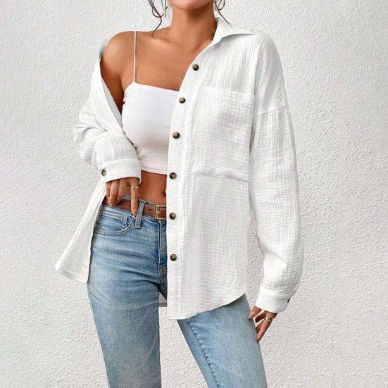 Women Casual Shirt Lapel Long Sleeve Button Down Casual Top with Patch Pocket Solid Color Loose Fit Blouse Work Leisure Daily Wear