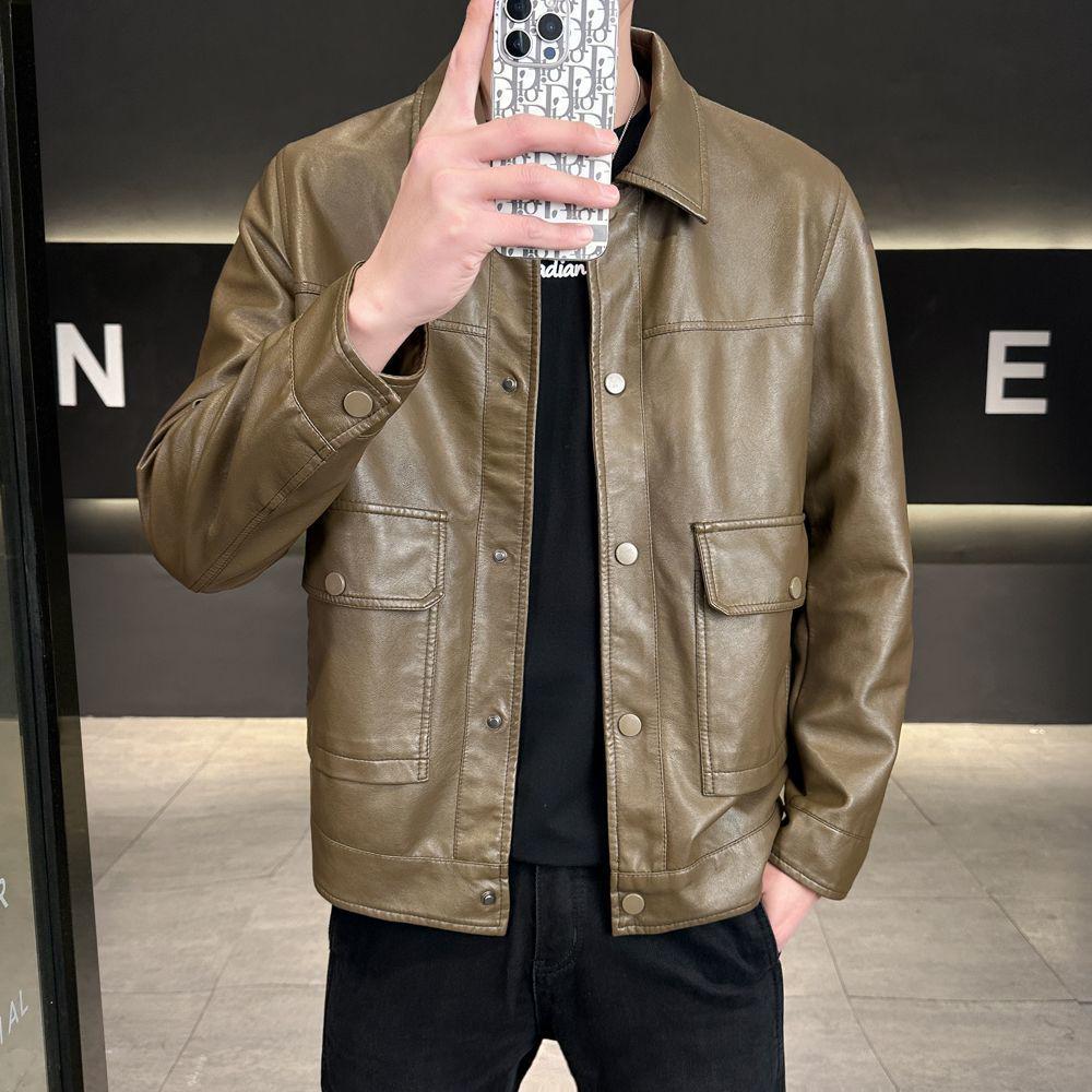 Мужская повседневная трехцветная кожаная мотоциклетная куртка приталенного силуэта с новым трендом лацканов (2025)