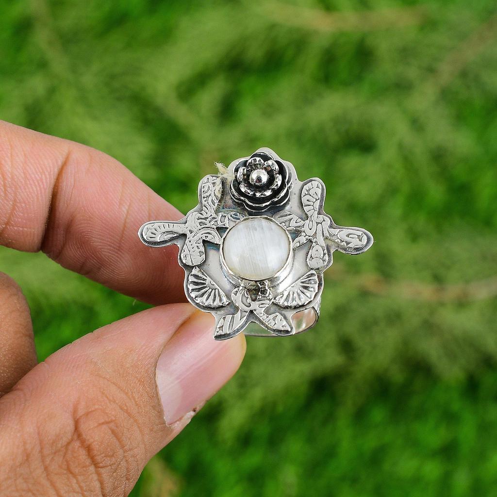 925 Sterling Silver Crown Chakra Rainbow Moonstone Gemstone Sister Flower Ring