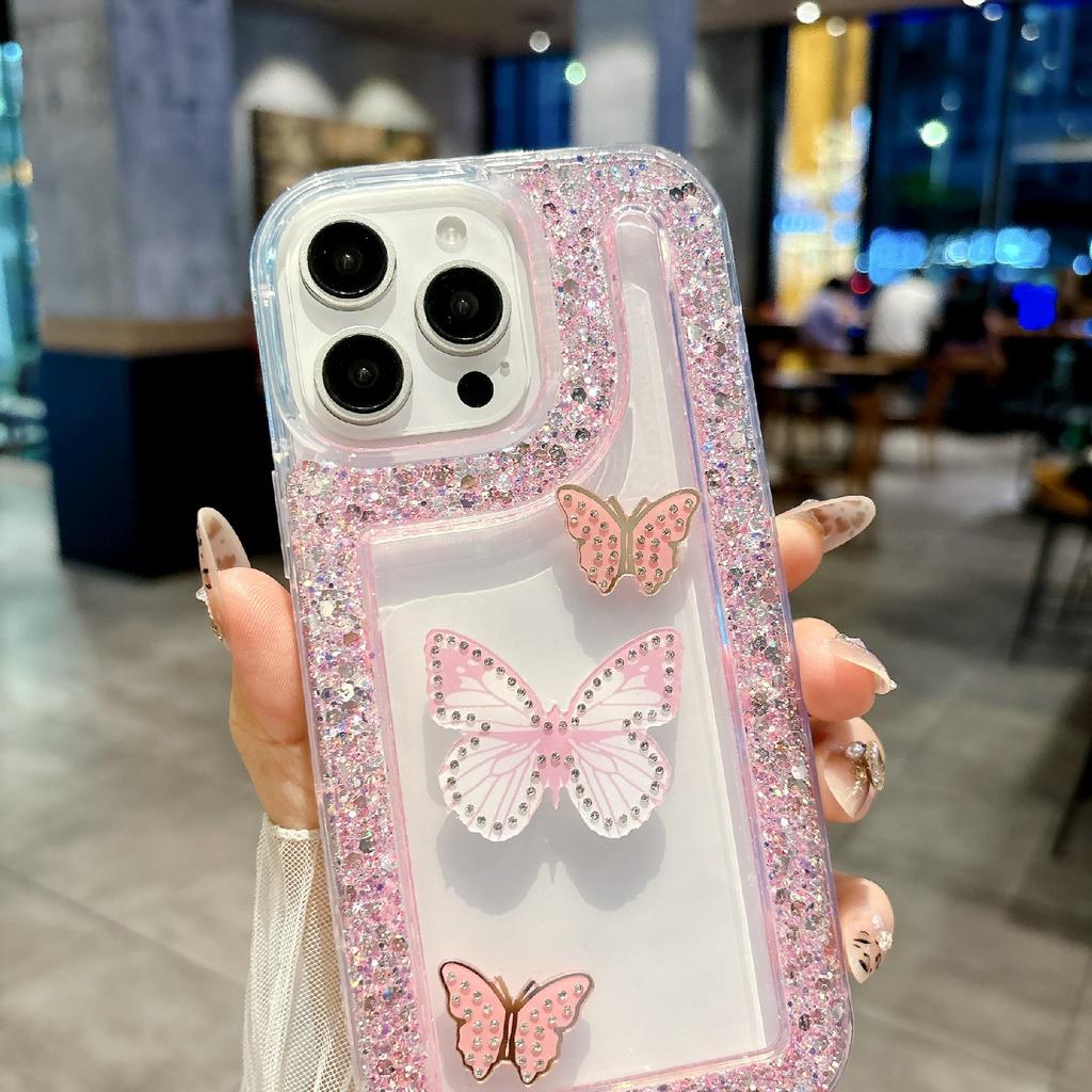 For iPhone 16 Pro Case with 3 Butterflies Decor Glitter Rhinestone Epoxy Design TPU Phone Cover