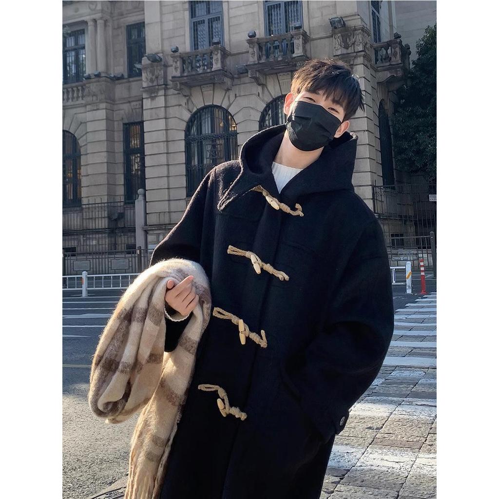 Мужское шерстяное пальто в студенческом стиле: Куртка с роговой пуговицей, с капюшоном, на хлопковом утеплителе, утолщенная, до колена, модная средней длины, для осени и зимы.