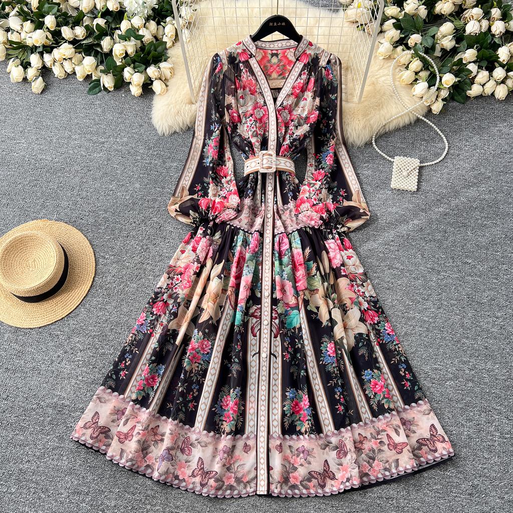 Spring Summer Women V-neck Vintage Print Chiffon Runway Dress Single Breasted Long Maxi Loose Holiday Beach Dresses with Belt