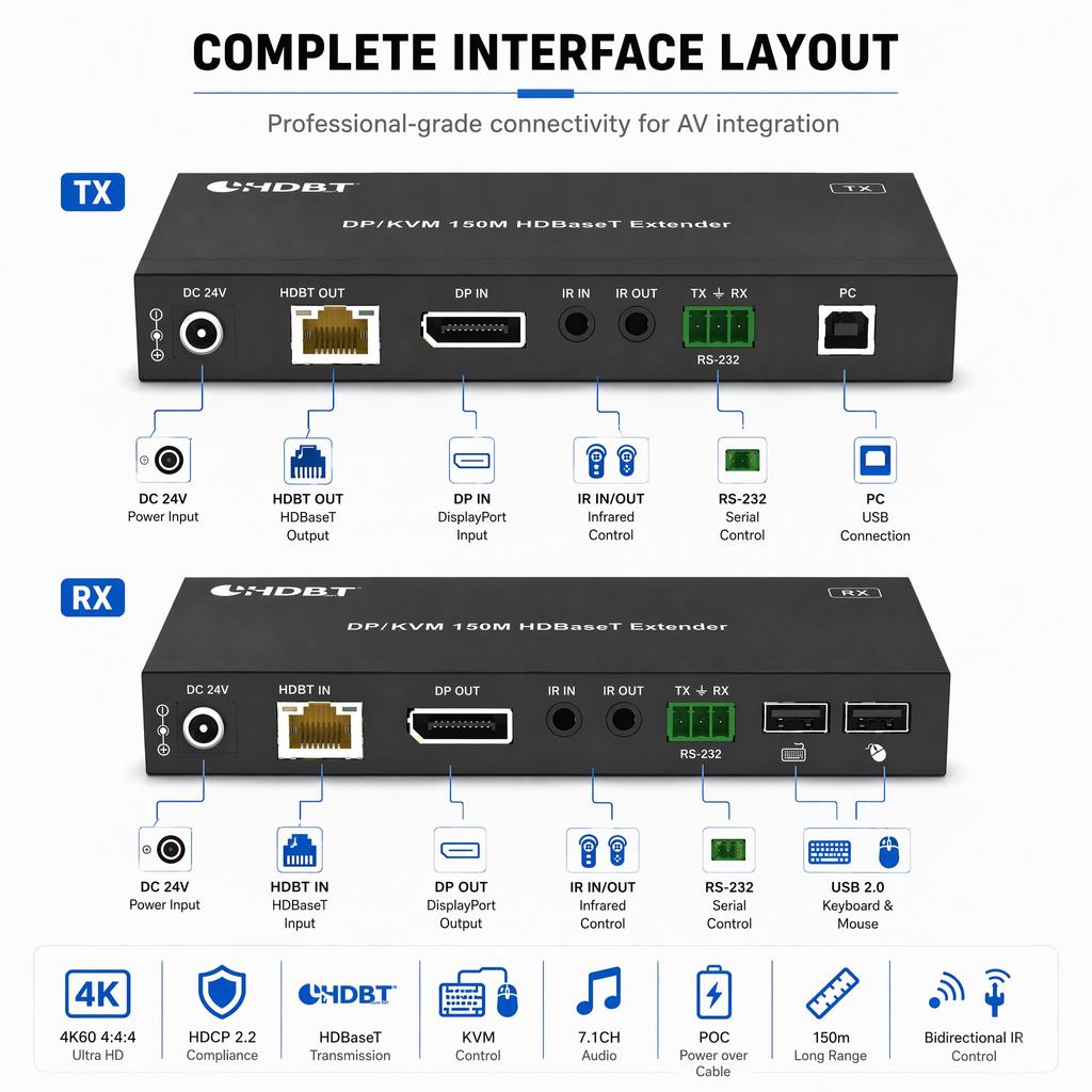150M DP KVM HDBaseT Extender 4K@60Hz 4:4:4 DisplayPort Over Cat6 Cat6a Cable USB KVM Keyboard Mouse PoC HDR HDCP2.2 Video Audio Extender