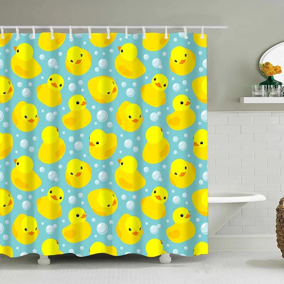 Duck Shower Curtain Cartoon Character Taking A Bath Colorful Drops Backdrop Dots,Cloth Fabric Bathroom Curtains with Hooks