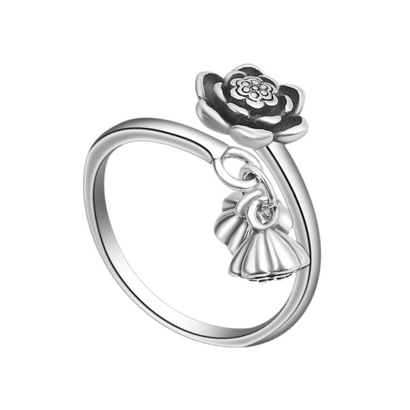 Xiangxu Lotus Ring for Women, Thai Silver, Retro Classical Ethnic Style, Lotus Pod and Lotus Root Ring, Index Finger Ring, Open Ring