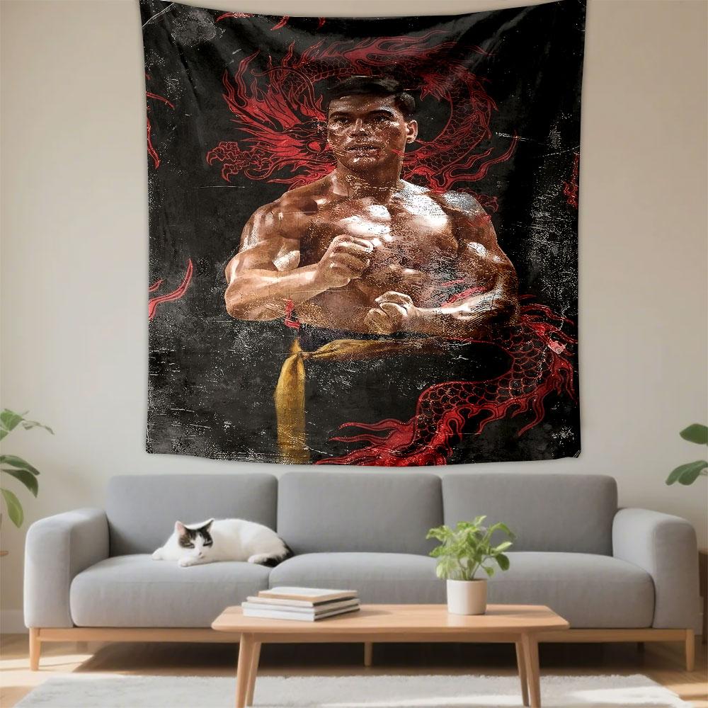 A muscular man poses in a martial arts stance with red dragon motifs. Patterned tapestry for bedroom and living room home decor