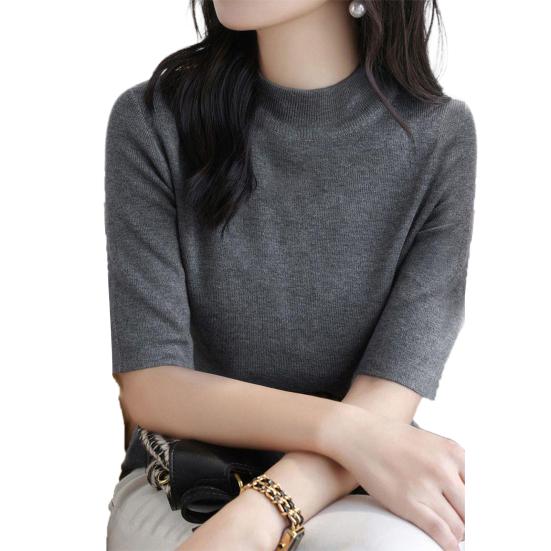 Women Sweater Half High Collar Half Sleeve Knitting Tops Solid Color Slim Fit Sweater Tops Commuting Street Wear