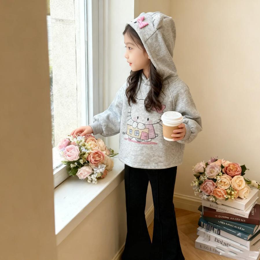 Детский осенне-зимний 2025 года набор: Худи с мультяшным бантом и расклешенные брюки