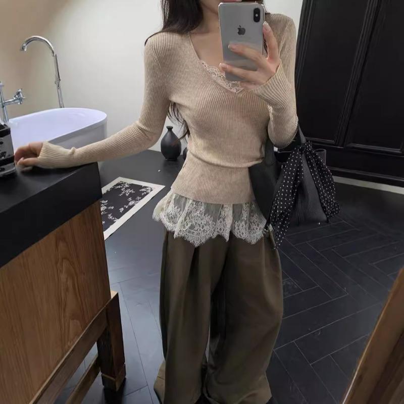 Хлопок Темперамент V-образный вырез Стиль девушки Красивые кружева Маленькие подтяжки Женская атмосфера Ощущение складки через сетку Лоскутная занавеска с пердежом