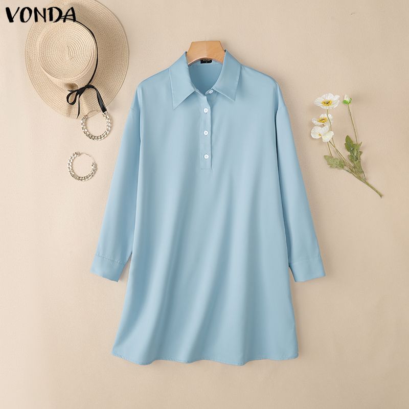 VONDA Женское повседневное мини-платье-туника с лацканами, длинными рукавами и застежкой на пуговицы