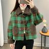 Autumn and Winter Women's Tweed Jacket Knitted Splicing Cowl Buttons Plaid Short Cardigan Jacket