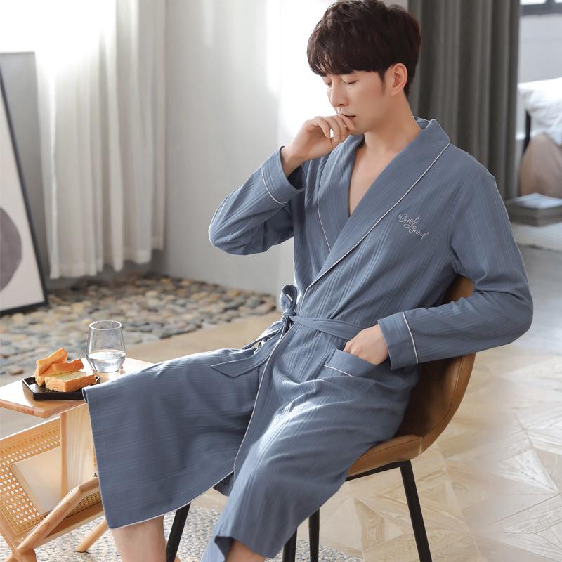 Men'S Nightgown Spring And Autumn Long-Sleeved Pure Cotton Long Bathrobe Pajamas Cotton Integrated Thin Large-Size Bathrobe Dressing Gown