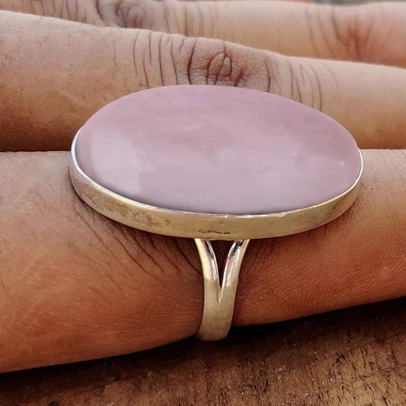 Rose Quartz Oval Gemstone Ring, Solid 925 Sterling Silver Ring, Handmade Ring, Statement Ring, Big Stone Ring, Engagement Gift