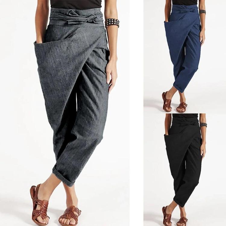 High Waist Casual Harem Pants for Women Plus Size Loose Trousers Solid Color Asymmetrical Unilateral Pocket Fashion