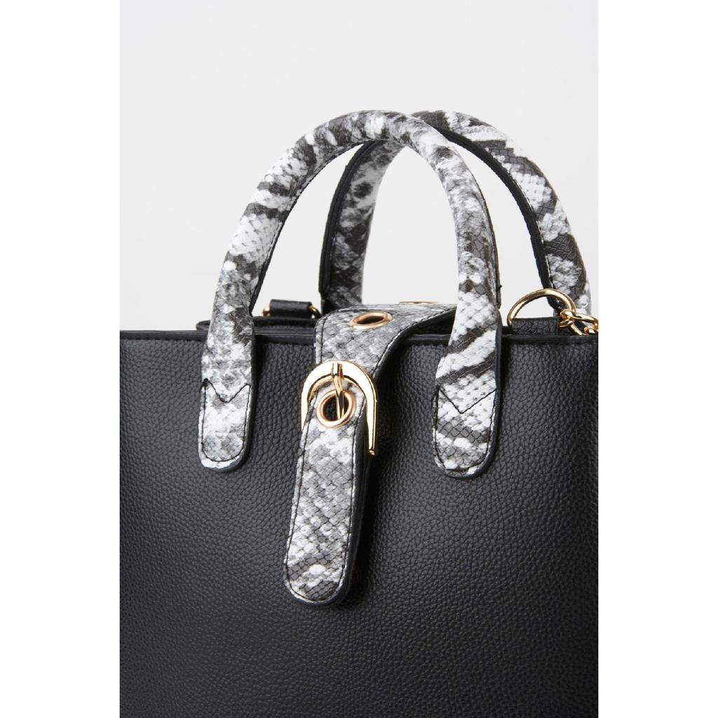 Women's Black Faux Leather Croco Patterned Strap Snap Fastener Zipper Closure Hand And Shoulder Bag