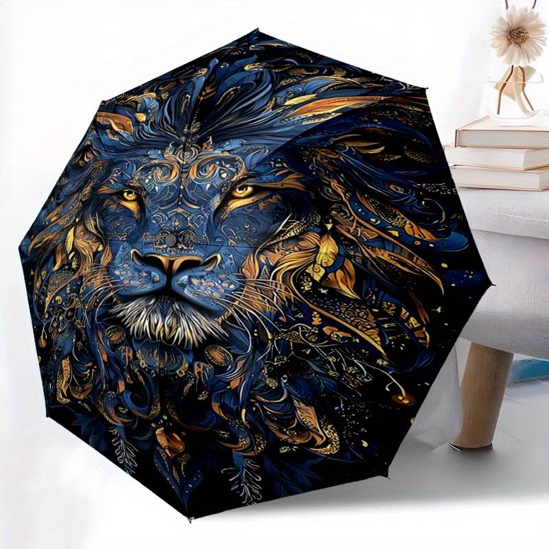 1pc Blue and Gold Ornate Lion Portrait Automatic, Cute Cartoon Pattern, Portable Outdoor Umbrella, Perfect, Holiday Gift for fans.W007