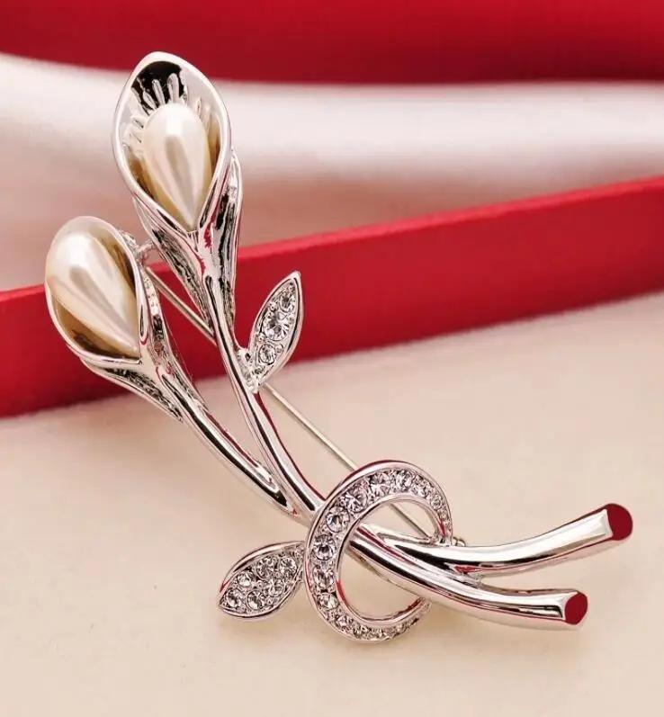 Rose Gold Silver CZ Crystal Flower Imitation Pearl Brooch for Women Gift Jewelry