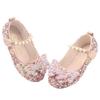 Korean Style Rhinestone Big Bow Girl Princess Shoes Beaded Crystal Children's Shoes Soft Sole Leather Shoes