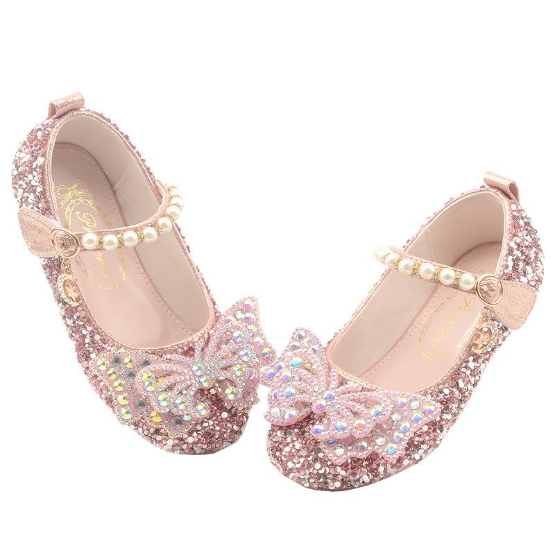 Korean Style Rhinestone Big Bow Girl Princess Shoes Beaded Crystal Children's Shoes Soft Sole Leather Shoes