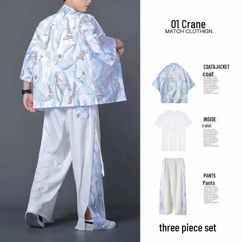 Men's Chinese Style Ice Silk Taoist Robe: Trendy Three-Piece Hanfu Tang Suit for Summer