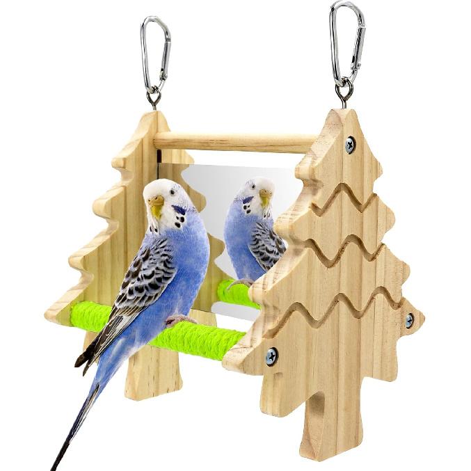 Bird Mirror Toy Perch, 2-Sided Hd Parakeet Mirrors & 2 Cotton-Wrapped Perches for Multiple Birds, Wooden Frame Hanging Parrot Swing for Cage, Safe No