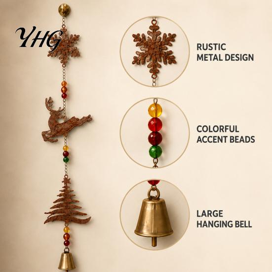 Christmas Tree Hanging Ornaments Rustic Metal Elk Wind Chime, Xmas Ornament with Reindeer Decorative Chimes Snowflake Patterns, Vintage Farmhouse