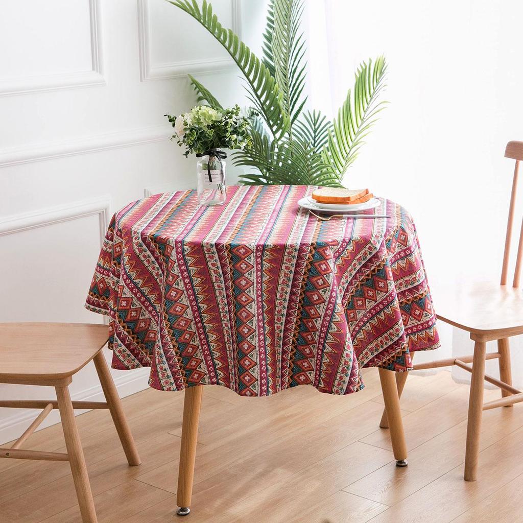 Bohemian Blue Geometric Print Tablecloth with Mediterranean Style Napkins - Cotton Linen for Coffee Table