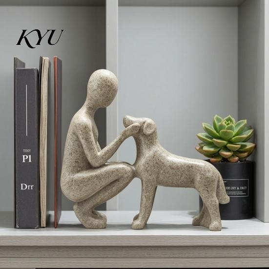 Decorative Shelf Statue for Pet Loss Abstract Human and Dog Resin Figurine, Sandstone Texture Bond Sculpture Memorial Keepsakes Parents Home