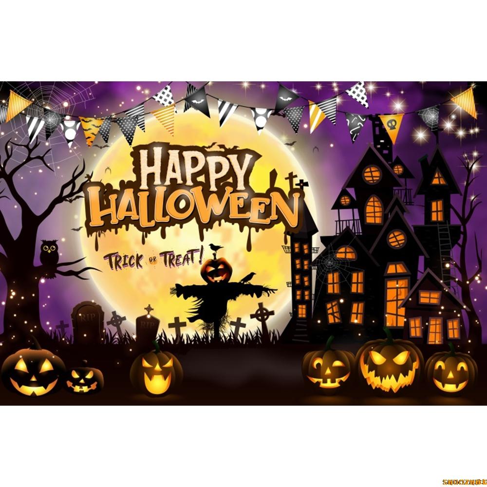 1pc Happy Halloween Party Backdrop Night Moon Gothic Castle Pumpkin Bats Reusable Banner for Halloween Themed Party Decoration