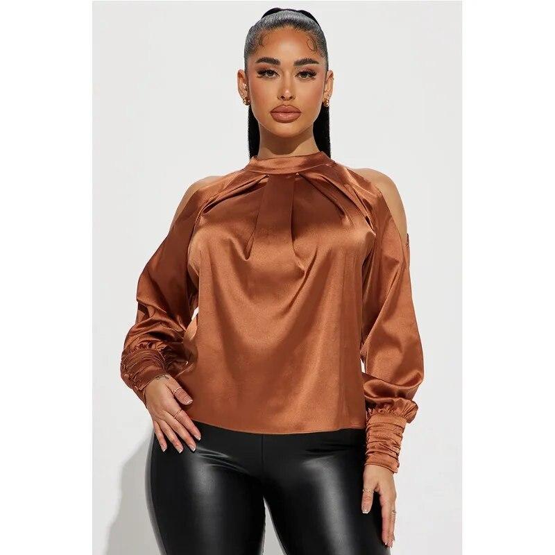 Spring Women Casual Loose Fashion Shirt Satin Shirt Autumn Commuter Hollow Long Sleeve Top Office Ladies Loose Tops Blusas 30473