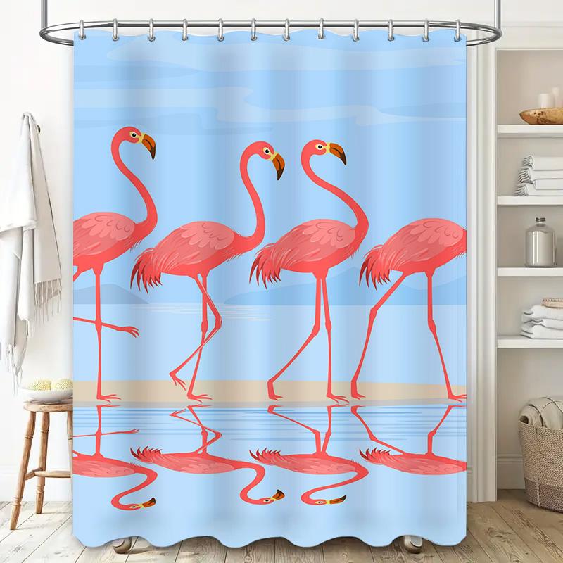 Современный декор ванной комнаты: Лавандовая шторка для душа с яркими розовыми фламинго на светло-голубом фоне. Идеально подходит для добавления П