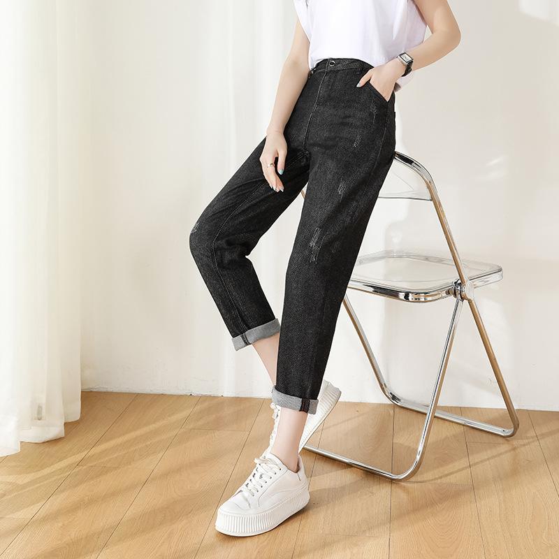 Женские весенне-осенние повседневные брюки большого размера с высокой талией, свободные прямые джинсы, джинсовые укороченные брюки